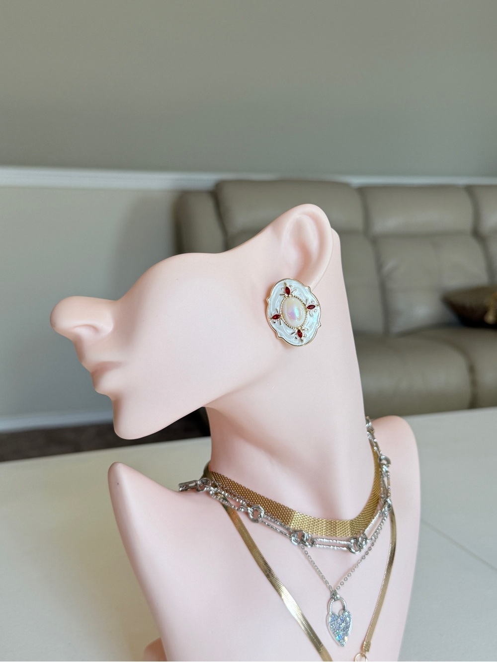 Gold-Tone White Enamel & Opal Center Earrings